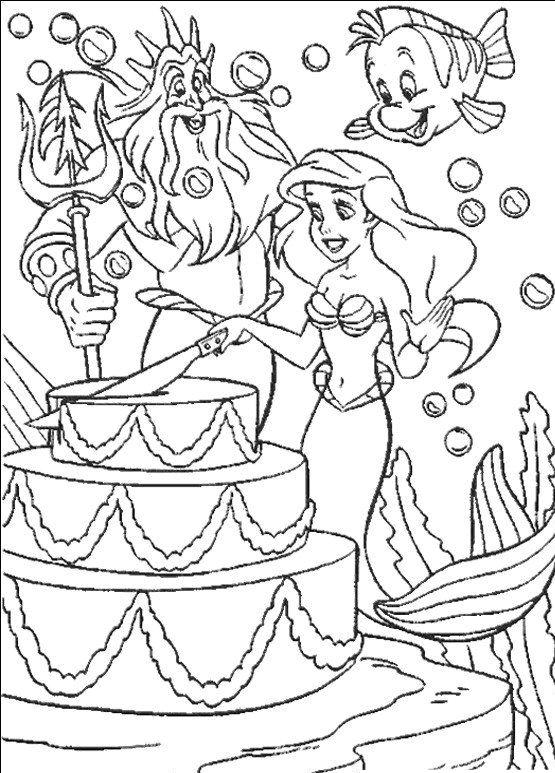 coloriage Arielle la petite sirene et son papa decoupe un gateau